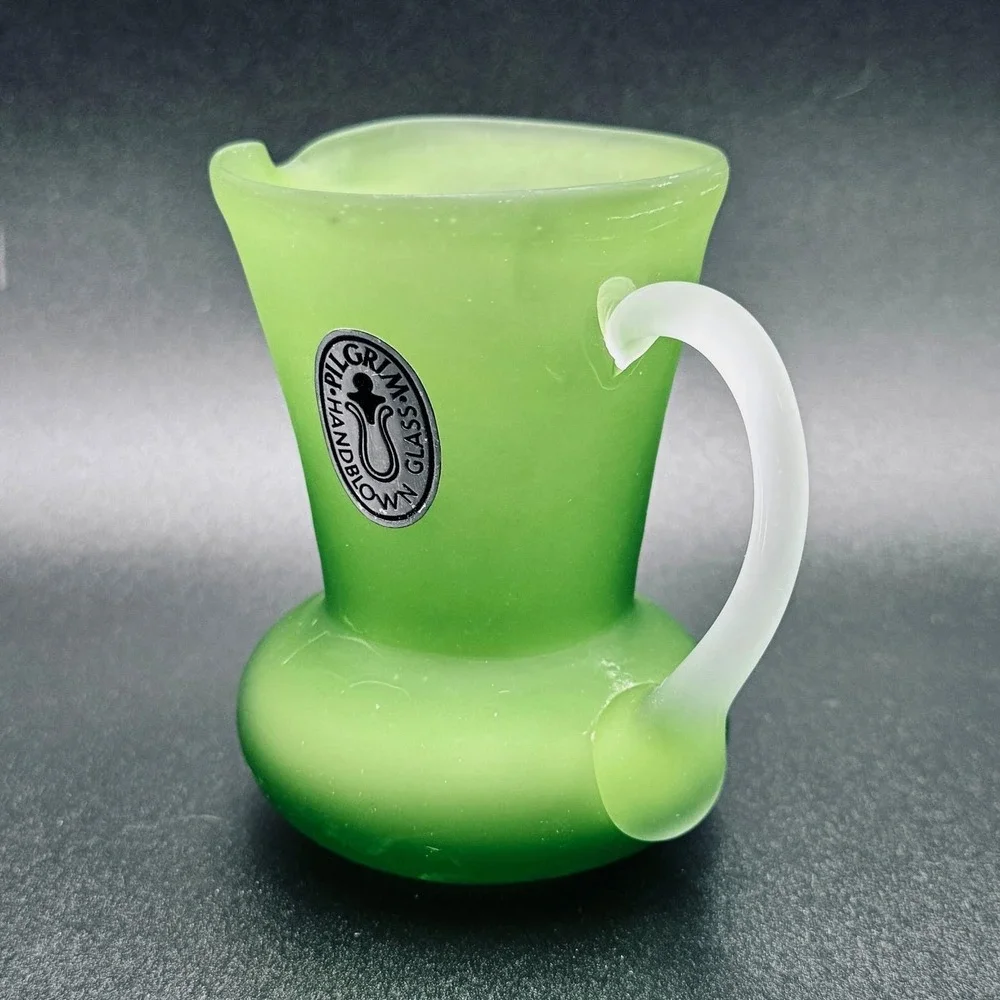 Pilgrim Glass‎ Handblown Frosted Satin Lime Green Mini Pitcher Vintage Name Tag
